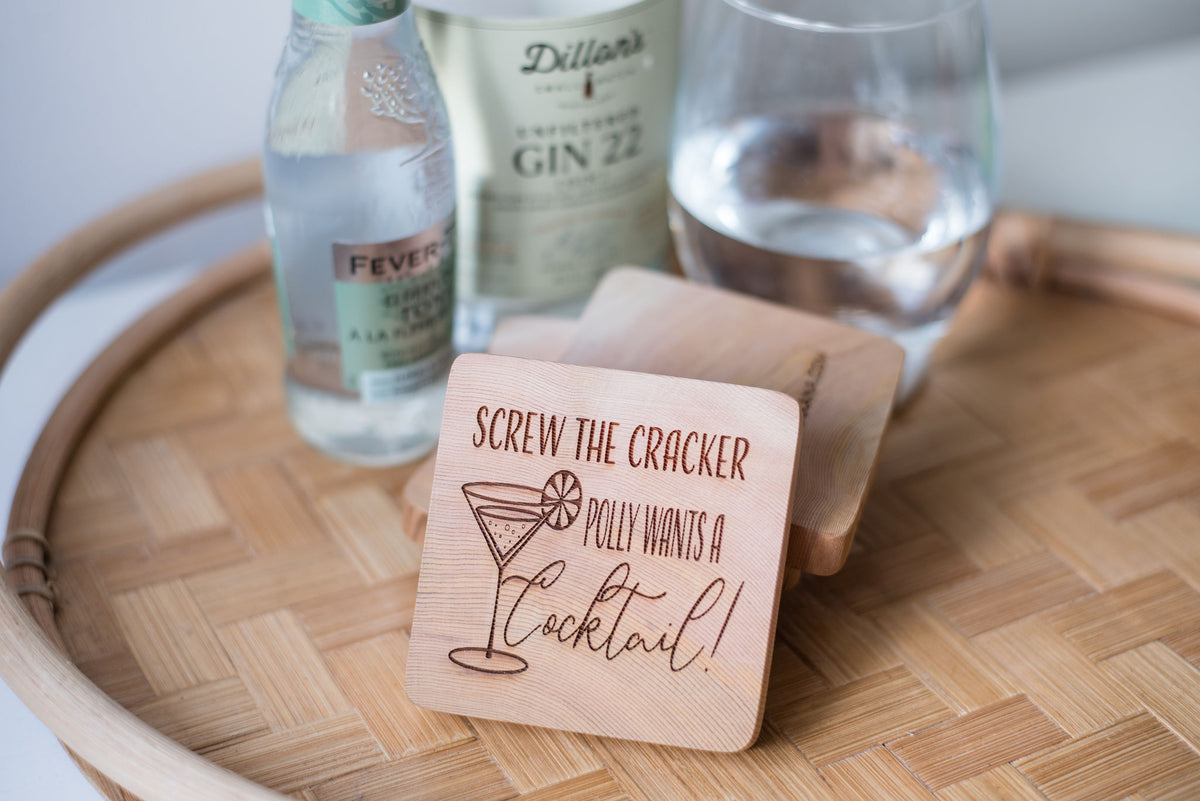 Polly Wants a Cocktail Cedar Coaster